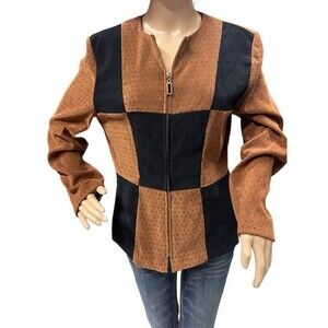Jessica Howard Brown Black Suede Look Zippered Jacket Womens Size 10